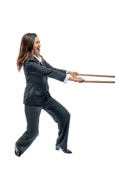 Asian Businesswoman Pulling Rope Isolated White Background — Stock Photo, Image