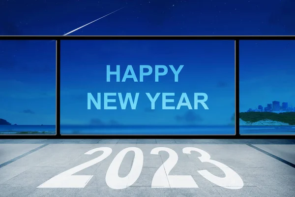 Πρωτοχρονιάτικο Καλωσόρισμα Τζάμι Παραθύρου Νυχτερινή Σκηνή Καλή Χρονιά 2023 — Φωτογραφία Αρχείου