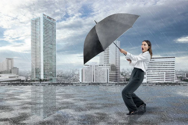 Asian Businesswoman Holding Black Umbrella Because Rain City — Stock Photo, Image