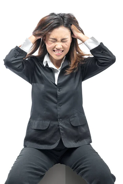Asiatico Businesswoman Seduta Con Frustrata Espressione Isolato Bianco Sfondo — Foto Stock