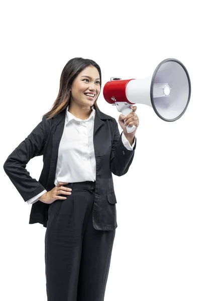 Asiatico Businesswoman Parlando Megafono Isolato Sfondo Bianco — Foto Stock