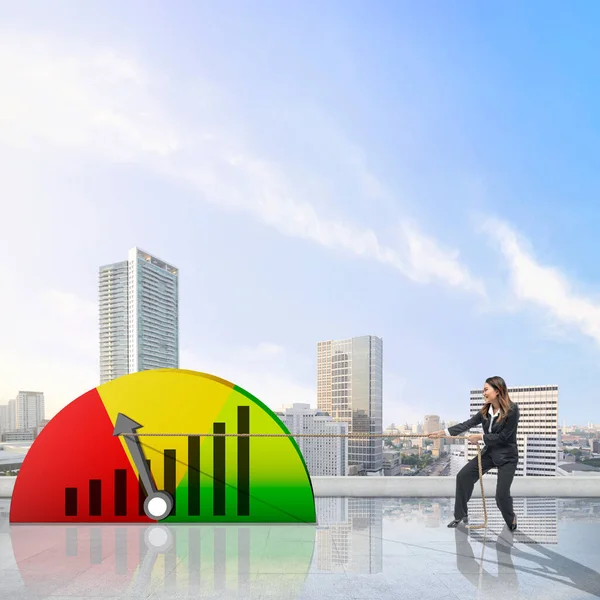 Asian Businesswoman Pulling Arrow Increase Graph Rope Cityscape Background — Stock Photo, Image