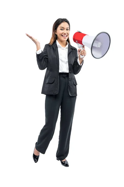 Asiatische Geschäftsfrau Spricht Mit Einem Megafon Und Zeigt Etwas Auf — Stockfoto