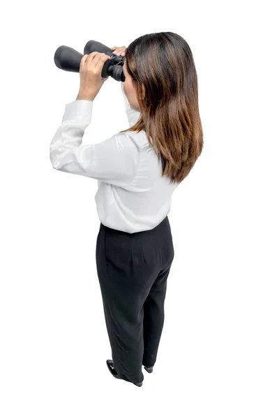 Asian Businesswoman Looking Binoculars Isolated White Background — Stock Photo, Image