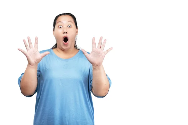 Azjatycki Otyłość Tłuszczu Kobieta Wstrząśniętym Wyrazem Izolowane Białym Tle — Zdjęcie stockowe