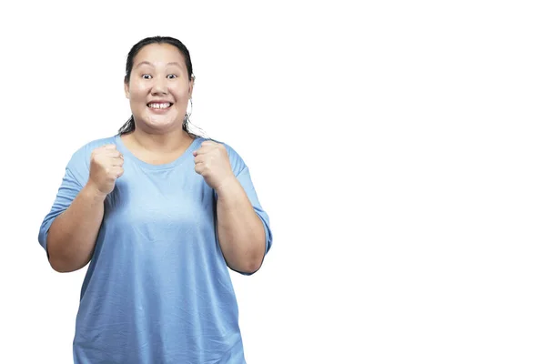 Aziatisch Vet Overgewicht Vrouw Met Een Opgewonden Uitdrukking Geïsoleerd Witte — Stockfoto