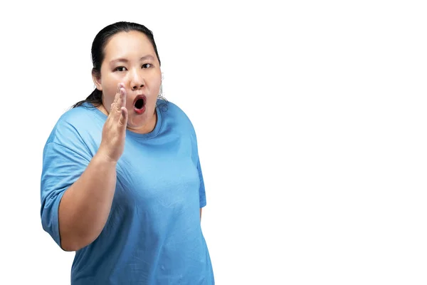 Ázsiai Kövér Túlsúlyos Kiabál Valamit Elszigetelt Fehér Háttér — Stock Fotó