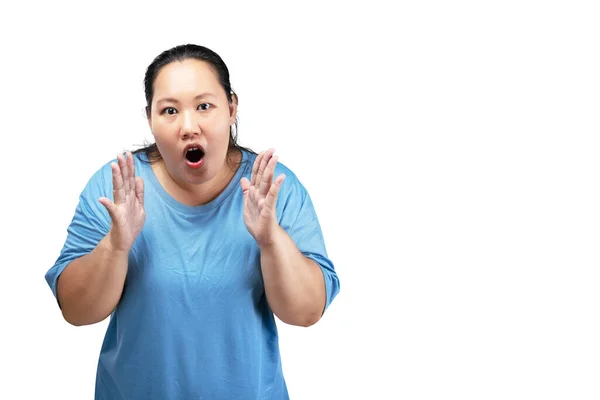 Asiatische Fett Übergewichtige Frau Schreit Etwas Isoliert Vor Weißem Hintergrund — Stockfoto