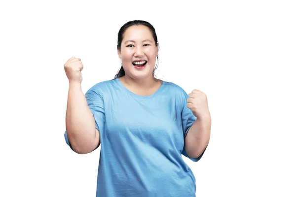 Azjatycki Otyłość Tłuszczu Kobieta Podekscytowany Wyraz Izolowany Białym Tle — Zdjęcie stockowe