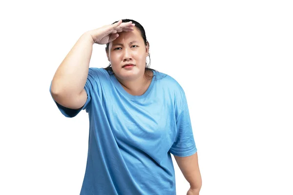 Azji Tłuszcz Otyłość Kobieta Patrząc Coś Izolowane Białym Tle — Zdjęcie stockowe