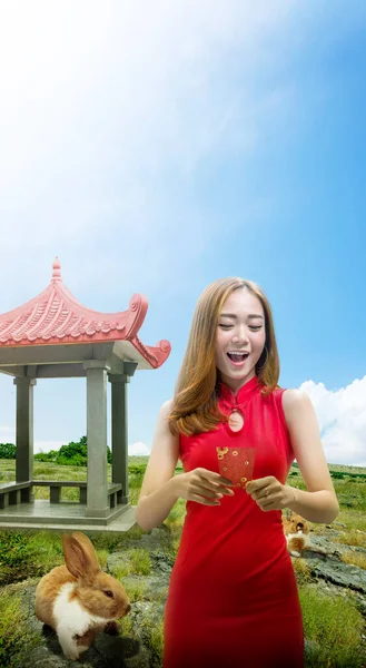 Mujer China Asiática Vestido Cheongsam Con Sobres Rojos Feliz Año —  Fotos de Stock