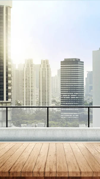 Trägolv Med Skyskrapor Och Moderna Byggnader Med Blå Himmel Bakgrund — Stockfoto