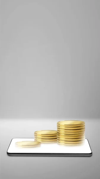 Χρυσά Νομίσματα Προέρχονται Από Μια Οθόνη Του Κινητού Τηλεφώνου Λευκό — Φωτογραφία Αρχείου
