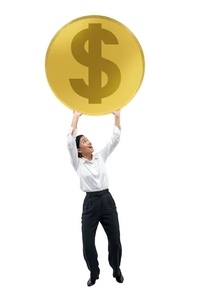 Asian Businesswoman Holding Big Coin Isolated White Background — Stock Photo, Image