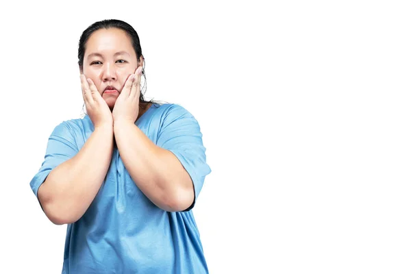 Azji Tłuszcz Otyłość Kobieta Zabawnym Wyrażeniem Izolowane Białym Tle — Zdjęcie stockowe