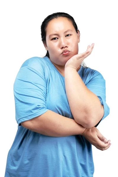 Asiatico Grasso Sovrappeso Donna Con Divertente Espressione Isolato Bianco Sfondo — Foto Stock