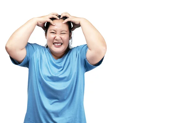 アジアの脂肪太りすぎの女性とともに面白い表現隔離上の白い背景 — ストック写真