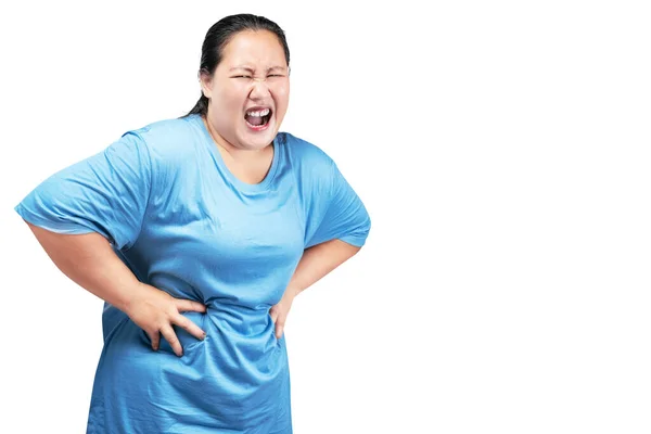 Asiático Gordura Mulher Com Sobrepeso Sentindo Dor Estômago Isolado Sobre — Fotografia de Stock