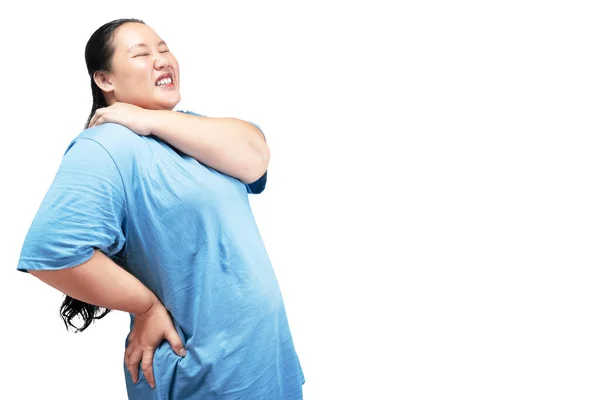 Ασιατικό Λίπος Υπέρβαρη Γυναίκα Αίσθημα Πόνου Στην Πλάτη Απομονώνονται Λευκό — Φωτογραφία Αρχείου