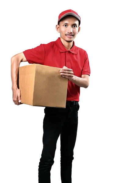 Csomagszállító Férfi Kalapban Fehér Háttér Felett Elszigetelt Csomagot Cipelve — Stock Fotó