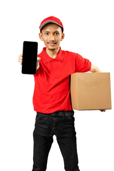 Entrega Encomendas Homem Com Chapéu Mostrando Sua Tela Telefone Móvel — Fotografia de Stock