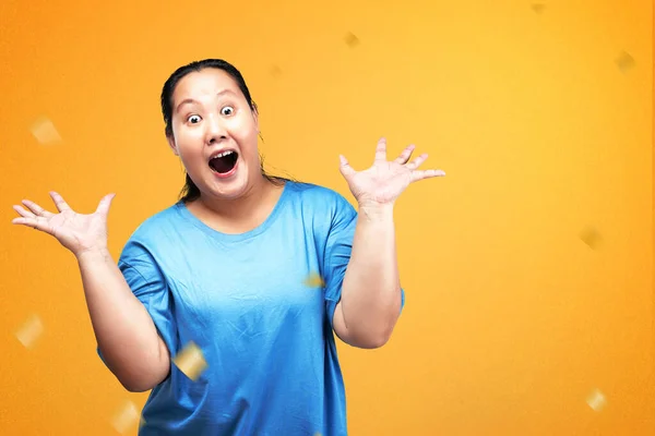 Asian Fat Overweight Woman Excited Expression Colored Background — Stock Photo, Image