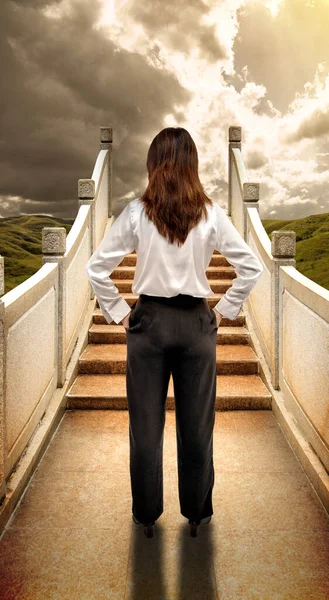Rear view of an Asian businesswoman standing on the bridge with dark cloud background