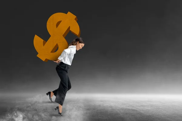 Asiatico Businesswoman Standing Mentre Holding Dollaro Segno Con Nero Sfondo — Foto Stock