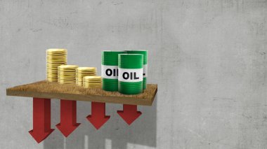 Yağ fıçısı ve renkli arka planı olan bir yığın bozuk para. Petrol Krizi