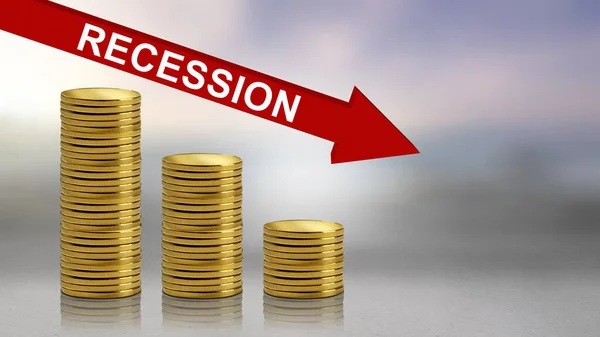 Decreased coin graph arrow with recession sign and blurred background