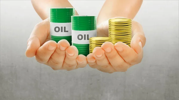 Human hand holding an oil barrel and a stack of coins with a colored background. Oil Crisis