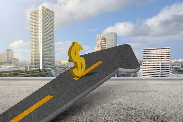 Dollar sign on the street arrow with a cityscape background