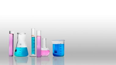 Renkli bir arka planda laboratuvar camlarında renkli kimyasallar var. Ulusal Bilim Günü