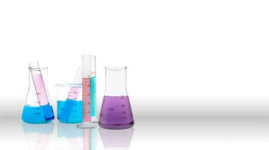 Renkli bir arka planda laboratuvar camlarında renkli kimyasallar var. Ulusal Bilim Günü