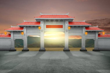 Çayırda kırmızı çatılı Çin pavyonu kapısı, günbatımı gökyüzü arkaplanı.