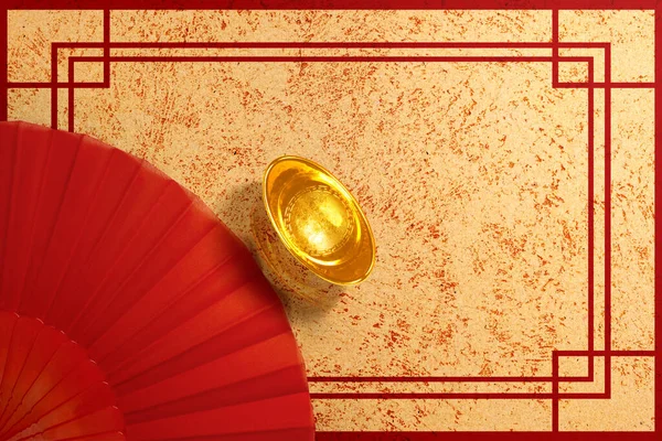 Red Chinese fan texture with Chinese gold ingot on a colored background. Happy Chinese New Year