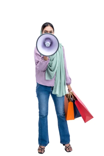 Asian Muslim Woman Headscarf Holding Megaphone Shopping Bags Isolated White — Stockfoto