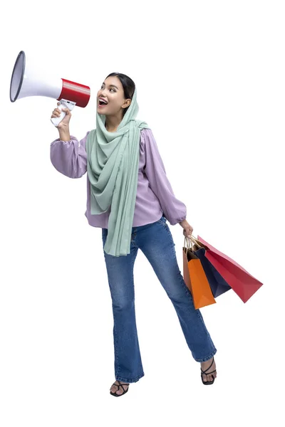 Asian Muslim Woman Headscarf Holding Megaphone Shopping Bags Isolated White — Stockfoto