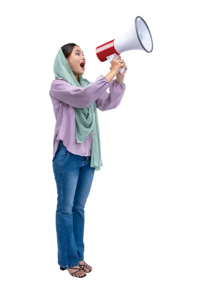 Asian Muslim Woman Headscarf Yelling Megaphone Isolated White Background — Stockfoto