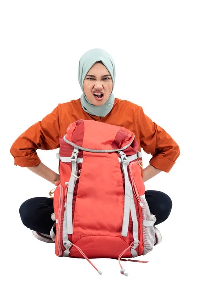 Asian Muslim Woman Headscarf Sitting Backpack Upset Expression Isolated White — Stok fotoğraf