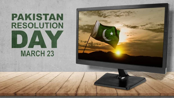 Pakistan flag waved in the sky. Pakistan Resolution Day