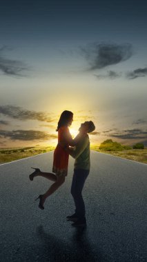 Asian couples face to face and hold hands with each other. Valentine's day