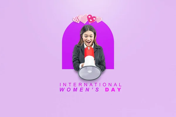 Asian businesswoman talking on a megaphone. International Women Day Concept