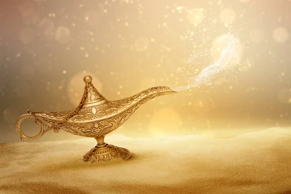 Golden Arabian Lamp White Smoke Blurred Light Background — Stok fotoğraf