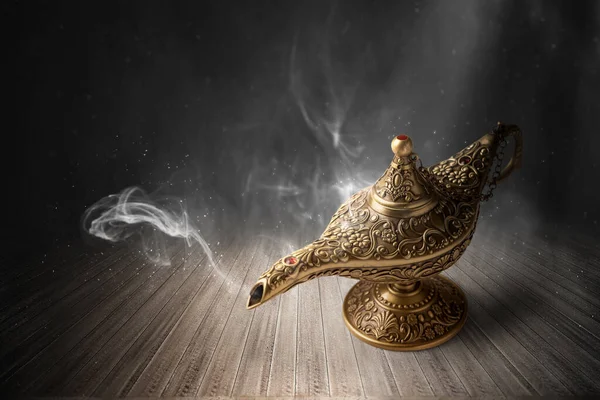 Golden Arabian Lamp White Smoke Dark Background — Stok fotoğraf
