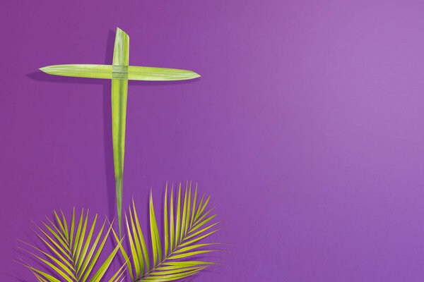Palm leaf with a cross shape on a colored background. Palm Sunday Concept