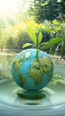 Earth with growing leaves on the pond. Earth Day Concept