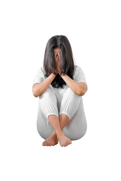 Mujer Deprimida Sentada Aislada Sobre Fondo Blanco —  Fotos de Stock