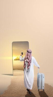 Kafasında cep telefonu olan bir Arap 'ın elinde bavulla cep telefonu ekranına doğru yürüdüğünü gördüm.