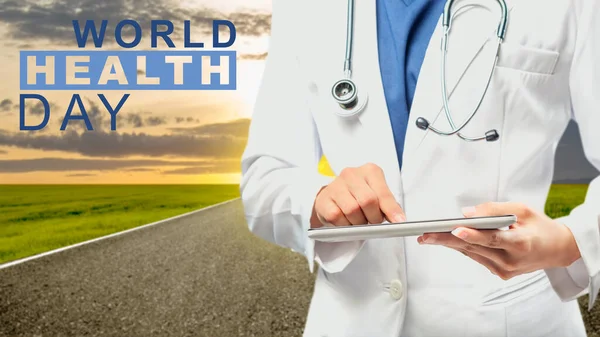 Female Doctor Stethoscope Using Tablet World Health Day Concept — Fotografia de Stock